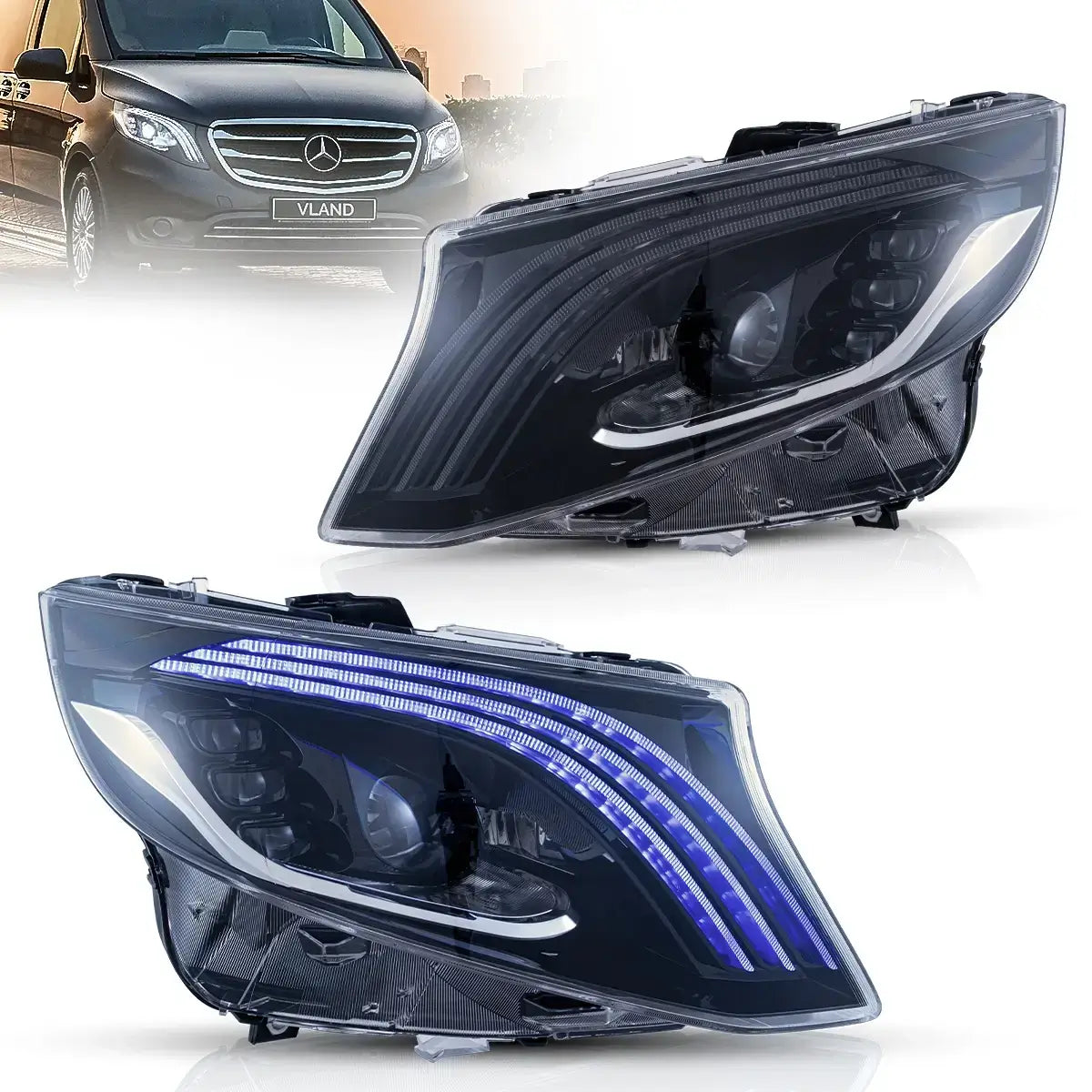 Faros delanteros VLAND 16-23 Mercedes Benz Metris / Vito 3th Gen (W447) LED Matrix negros — LED E-Mark | imagen 1