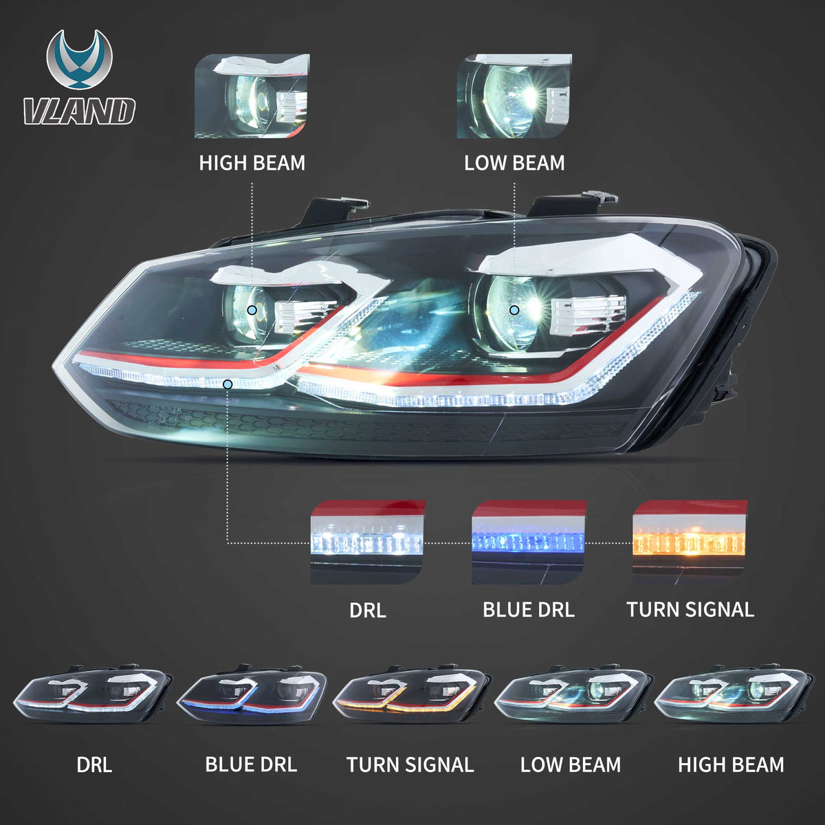 Faros delanteros VLAND 2009-2018 VW Polo MK5 6R 6C Full LED Golf MK7.5 Style — LED E-Mark | imagen 5