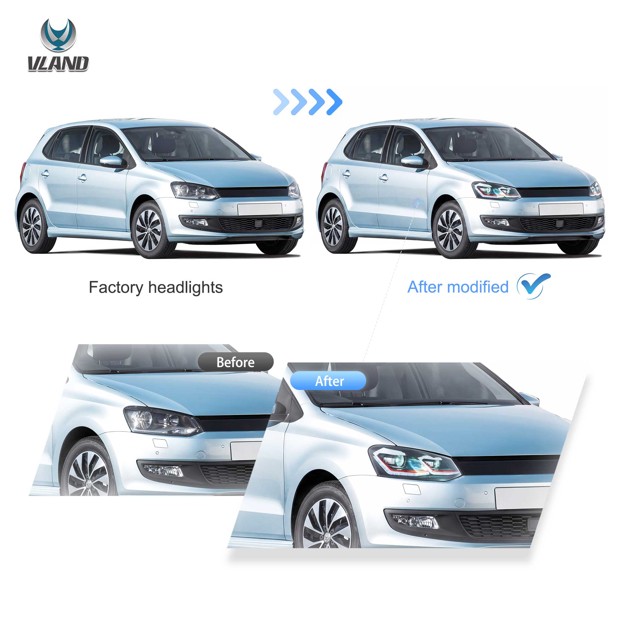 Faros delanteros VLAND 2009-2018 VW Polo MK5 6R 6C Full LED Golf MK7.5 Style — LED E-Mark | imagen 7