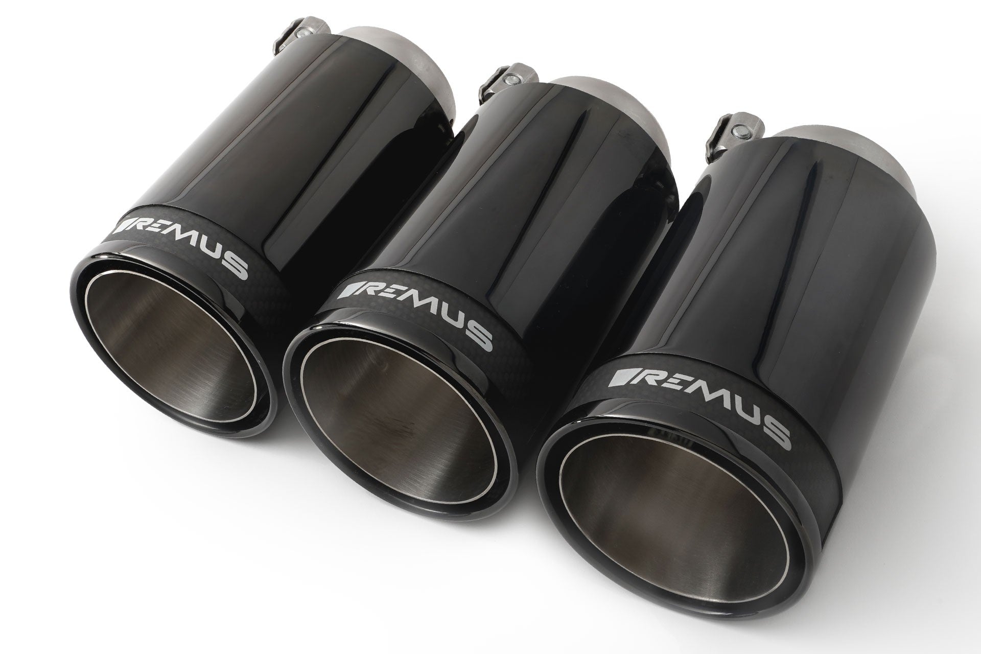 Set De 3 Colas REMUS De 98Mm Cromo Negro Con Insercion De Carbono - REMUS original | APEXCORSE