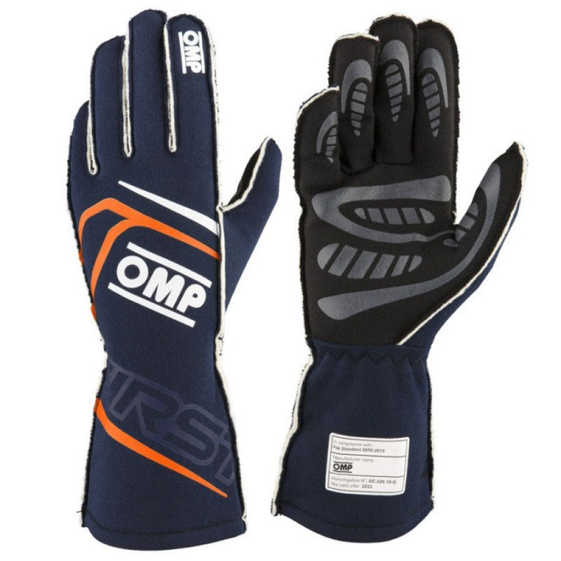 GUANTES OMP FIRST FIA 8856-2018 MY2025 NAVY AZUL / FLUO NARANJA TALLA M - OMP original APEXCORSE imagen 1