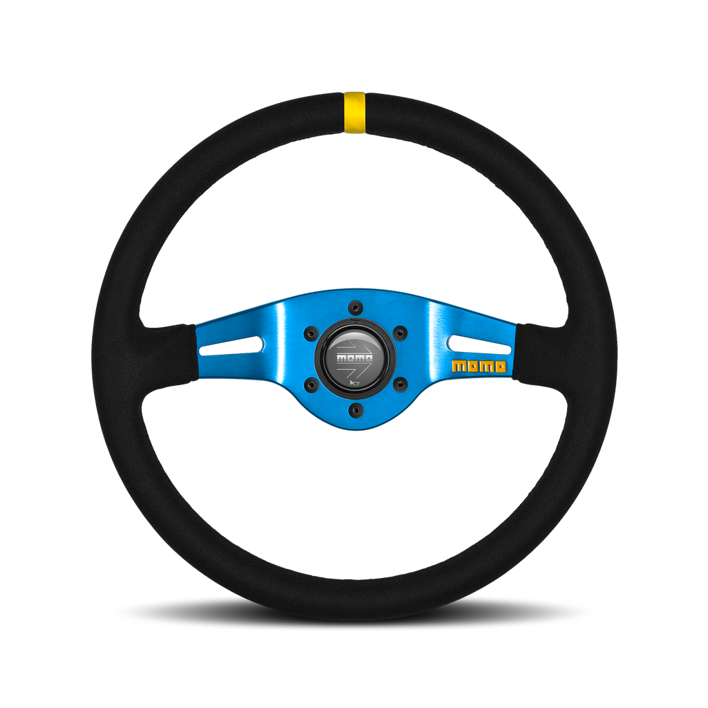 VOLANTE DEPORTIVO MOMO MOD.03 350 SUEDE NEGRO CON DETALLES AZULES - MOMO original | APEXCORSE