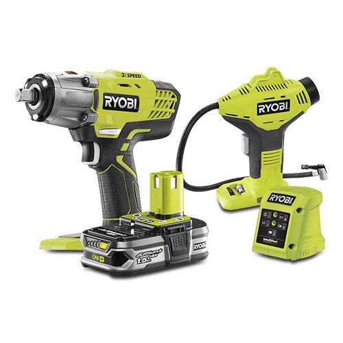 KIT RYOBI DE LLAVE DE IMPACTO + INFLADOR + BATERÍA