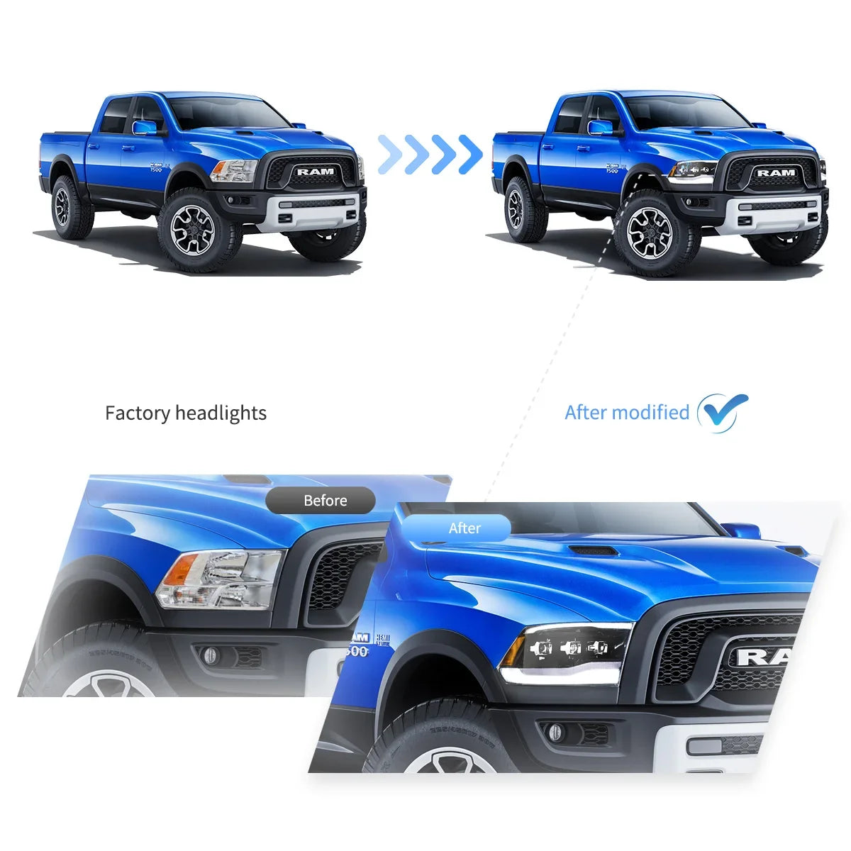 Faros delanteros VLAND 09-18 Dodge Ram 4th Gen 1500 2500 3500 LED proyector Matrix LED negros — LED E-Mark | imagen 8