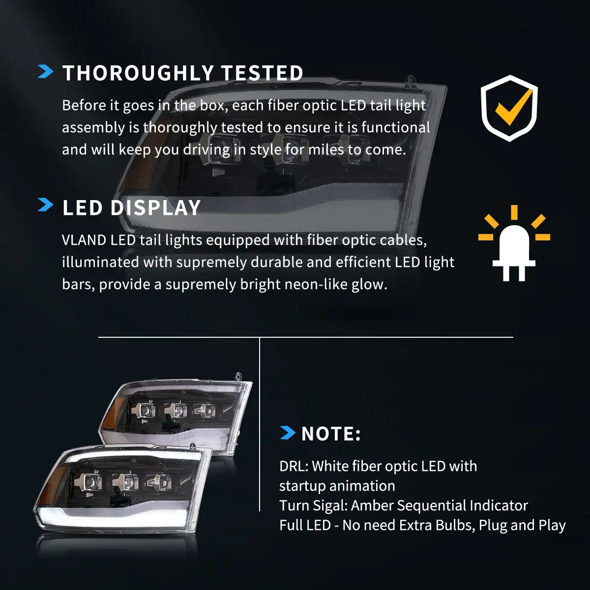 Faros delanteros VLAND 09-18 Dodge Ram 4th Gen 1500 2500 3500 LED proyector Matrix LED negros — LED E-Mark | imagen 11