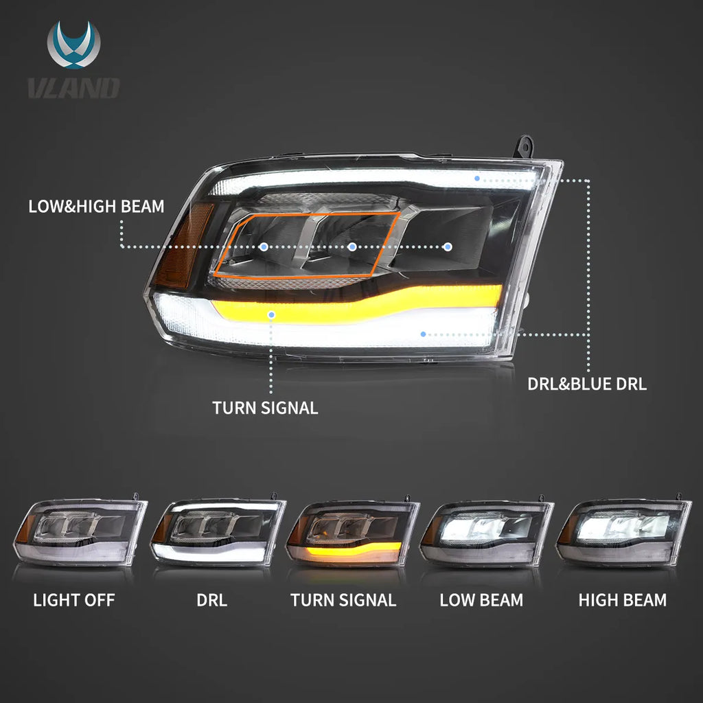 Faros delanteros VLAND 09-18 Dodge Ram 4th Gen 1500 2500 3500 LED Reflection Bowl — LED E-Mark | imagen 4