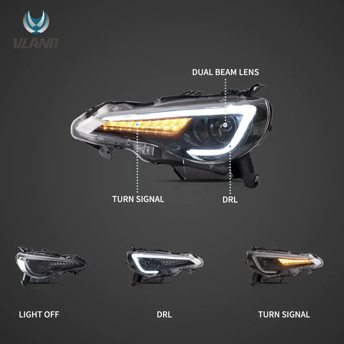 Faros delanteros VLAND 12–21 Toyota 86/GT86, Subaru Brz, Scion Frs Full LED proyector Bi-LED — LED E-Mark | imagen 2