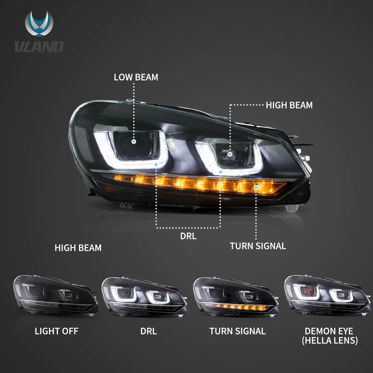 Faros delanteros VLAND 08-14 VW Golf Mk6 proyector Bi-LED con Demon Eyes — LED E-Mark | imagen 3
