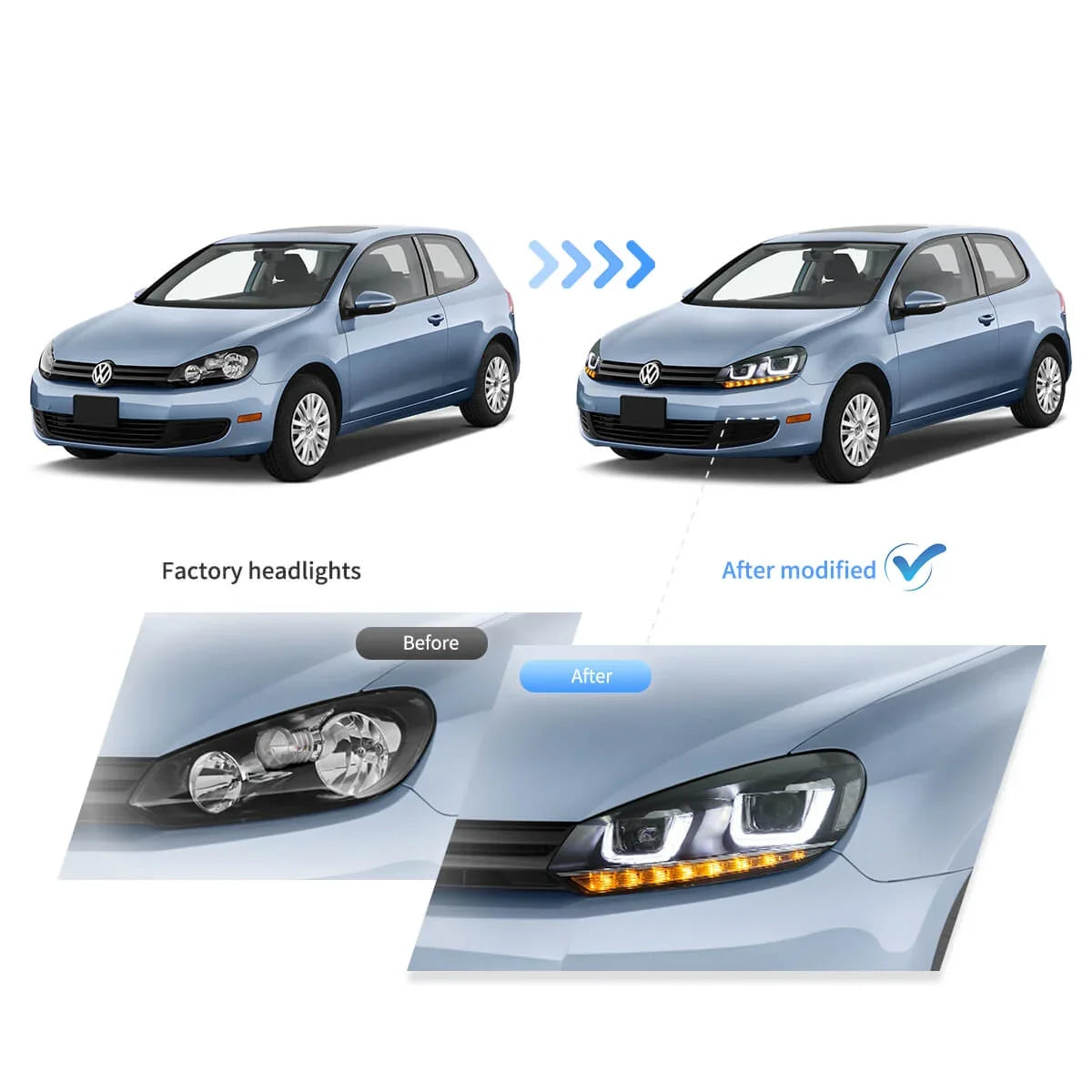 Faros delanteros VLAND 08-14 VW Golf Mk6 proyector Bi-LED con Demon Eyes — LED E-Mark | imagen 6
