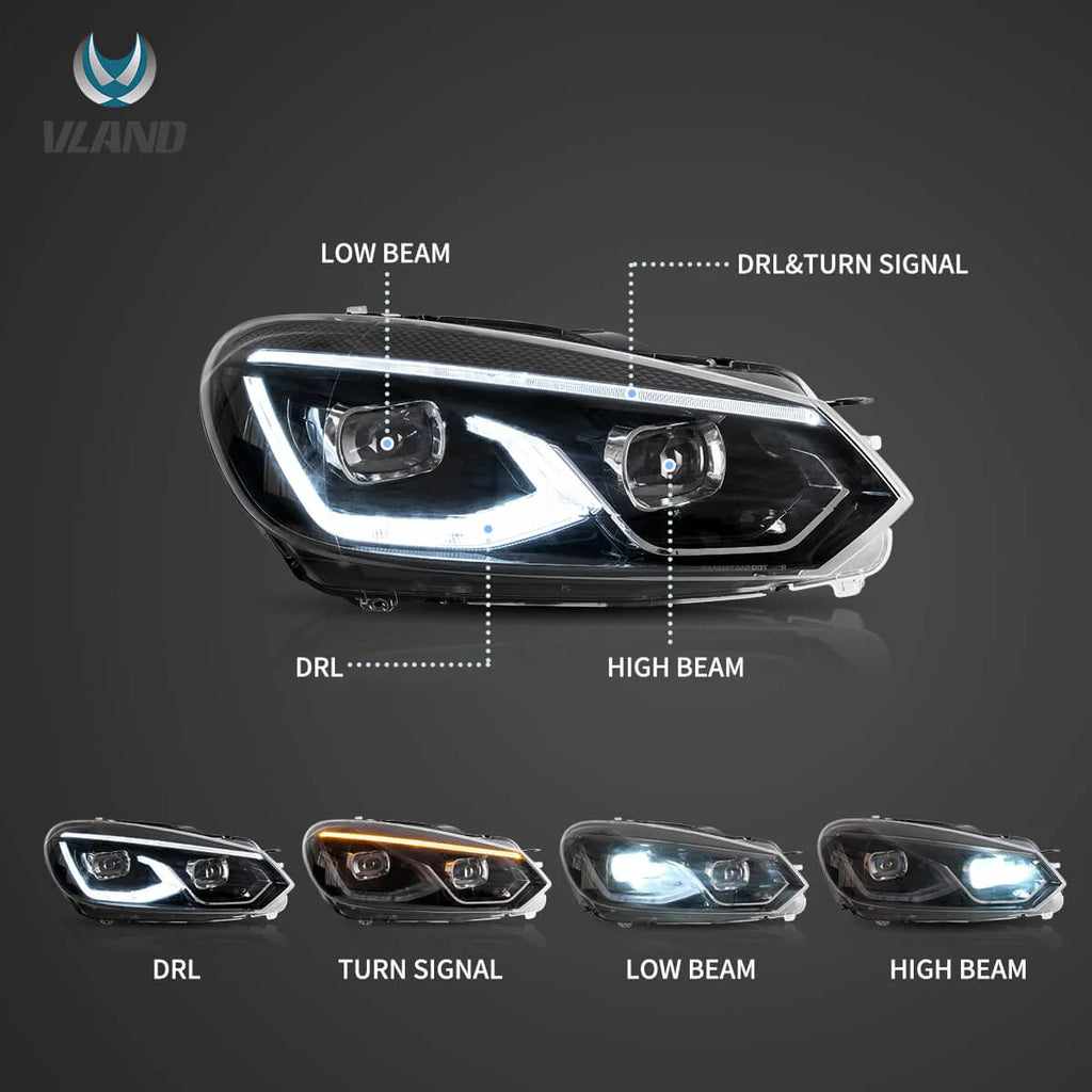 Faros delanteros VLAND 08-14 VW Golf Mk6 LED proyector Bi-LED negros — LED E-Mark | imagen 3