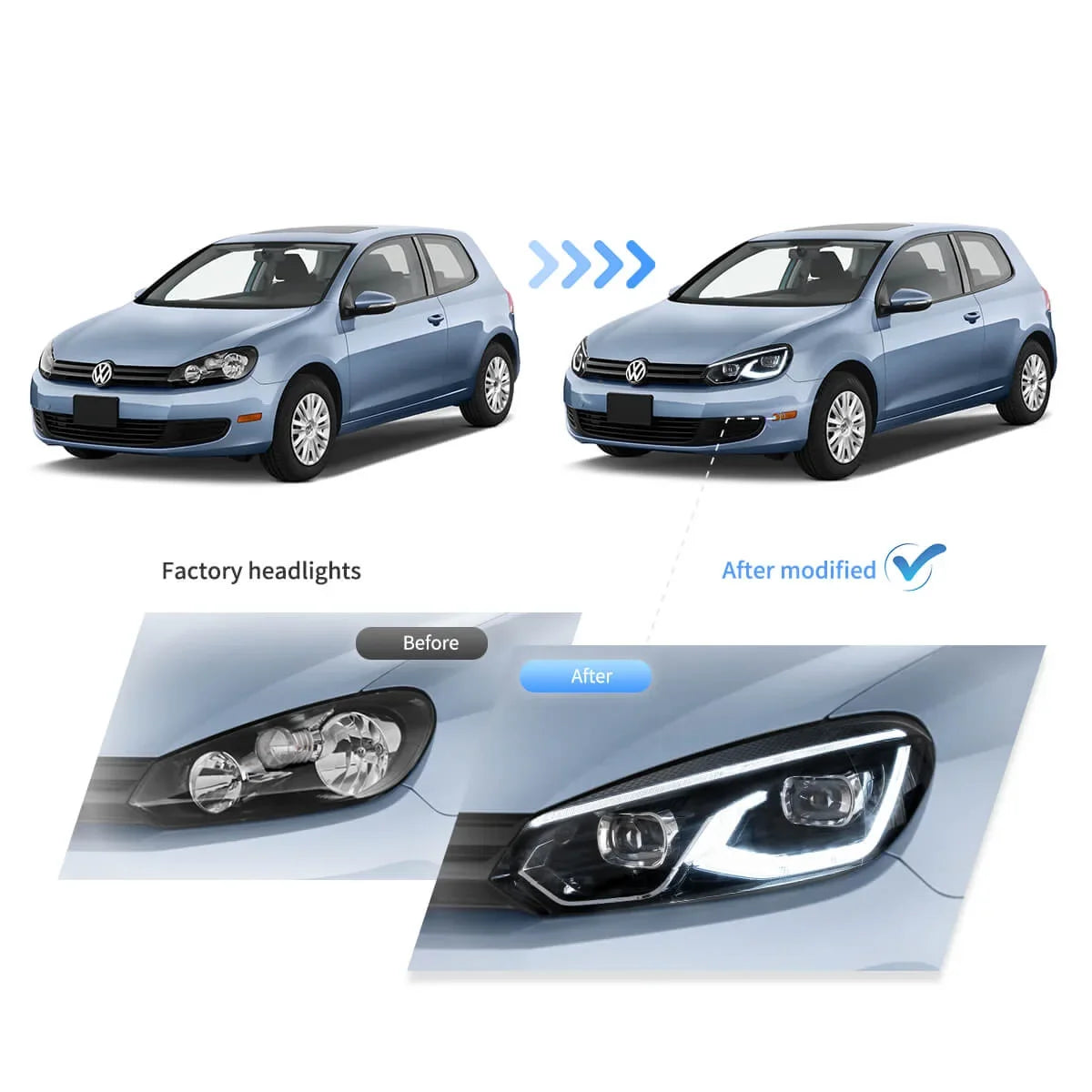 Faros delanteros VLAND 08-14 VW Golf Mk6 LED proyector Bi-LED negros — LED E-Mark | imagen 7