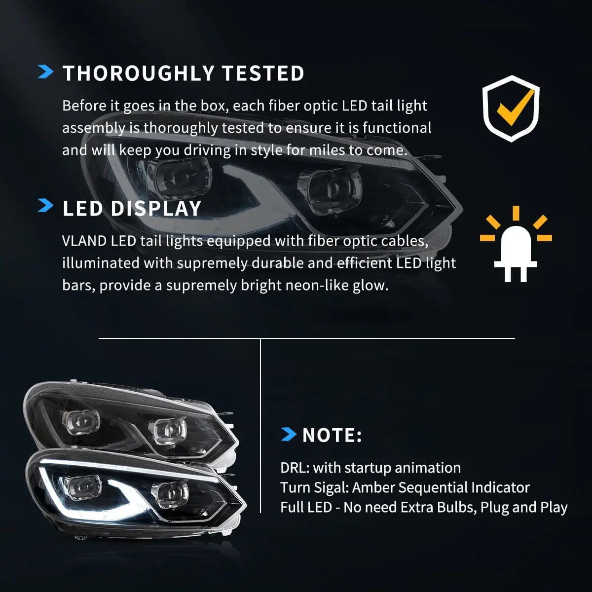 Faros delanteros VLAND 08-14 VW Golf Mk6 LED proyector Bi-LED negros — LED E-Mark | imagen 11