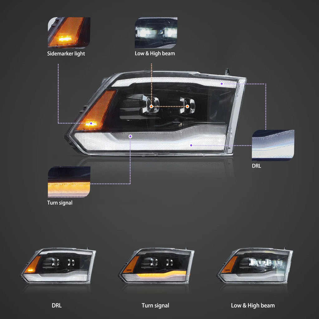 Faros delanteros VLAND Dodge Ram 1500 2500 3500 09-18 Full LED negros — LED E-Mark | imagen 3