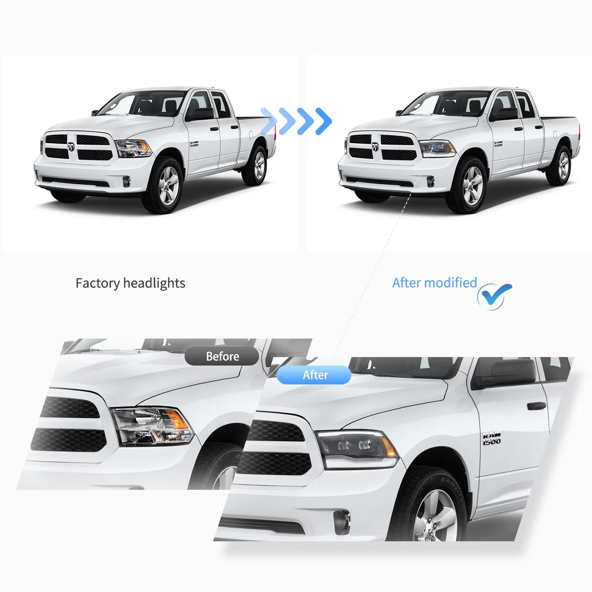 Faros delanteros VLAND Dodge Ram 1500 2500 3500 09-18 Full LED negros — LED E-Mark | imagen 5