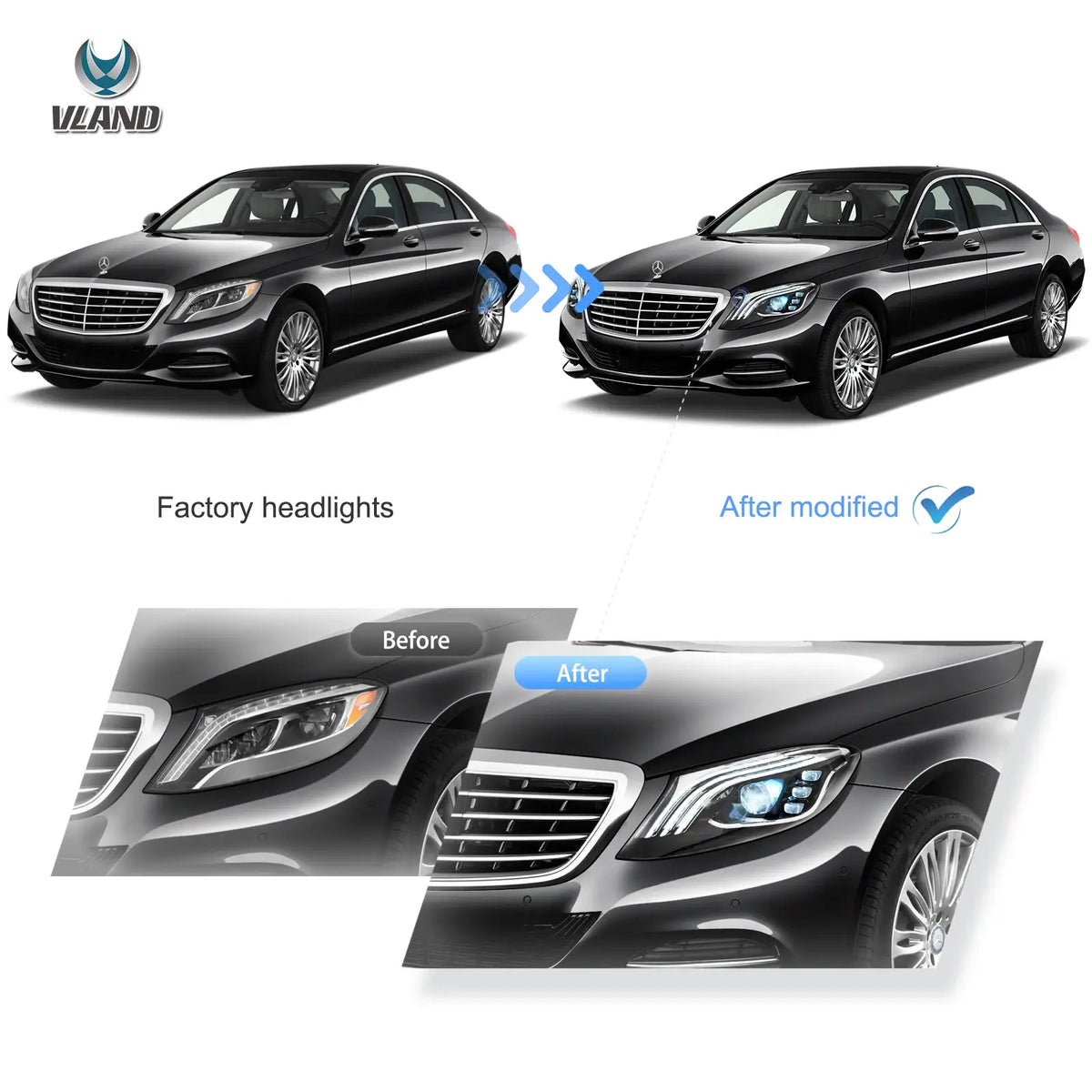 Faros delanteros VLAND LED Compatible Benz S-Class W222 2014-2017 — LED E-Mark | imagen 4