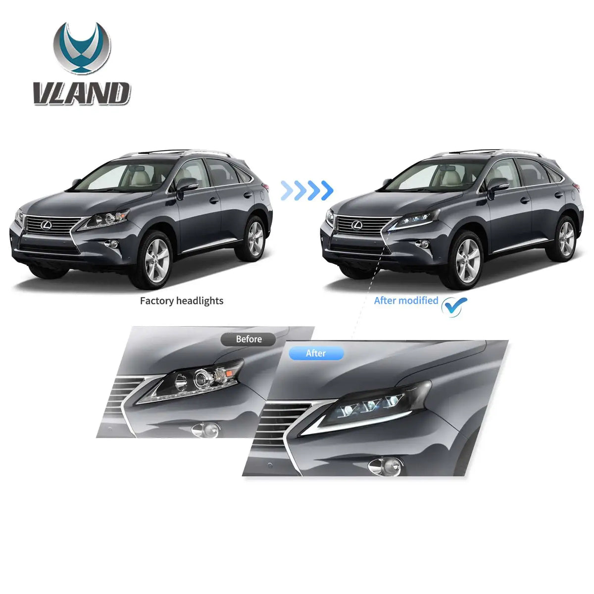 Faros delanteros VLAND 13-15 Lexus RX270 RX350 RX450H LED Matrix negros — LED E-Mark | imagen 5
