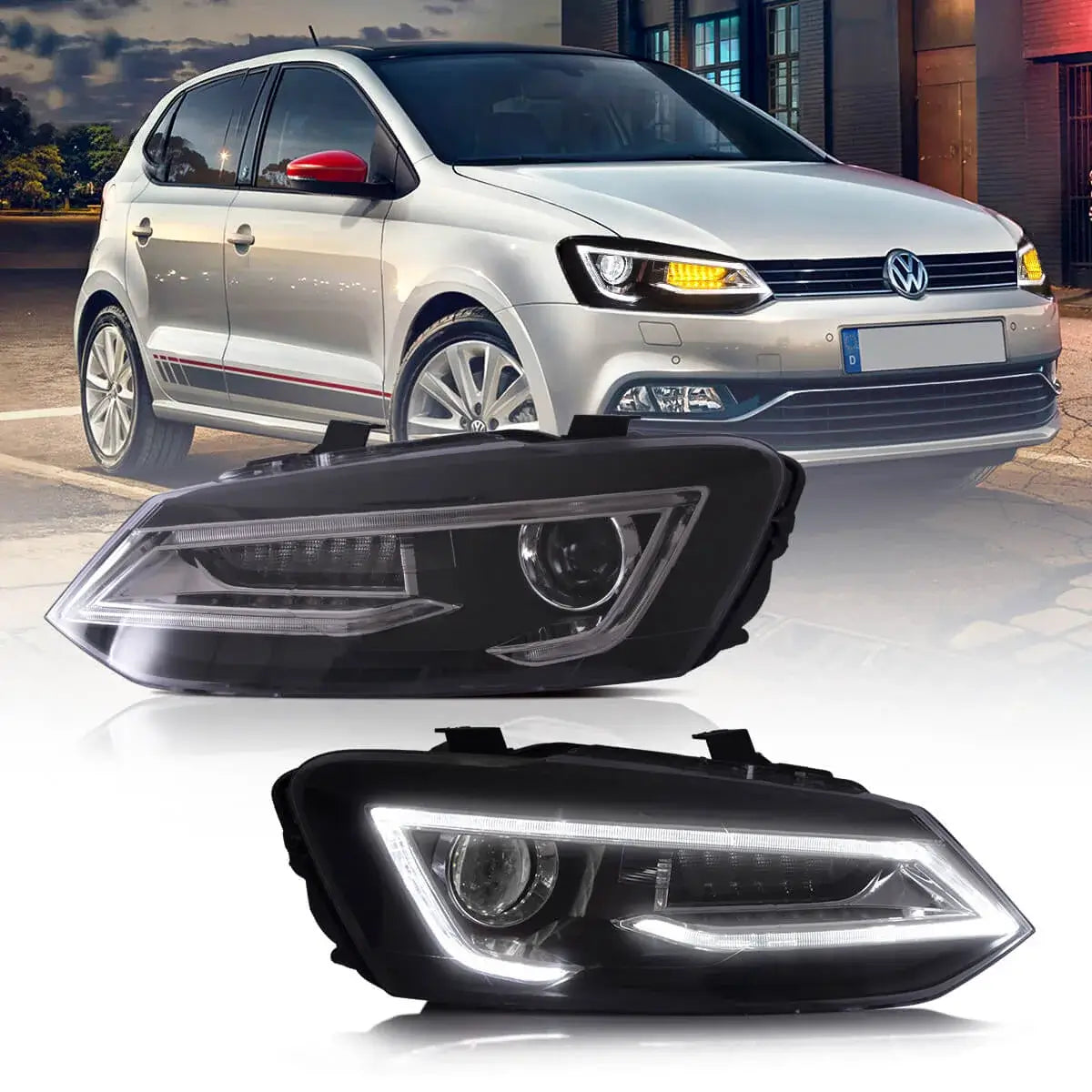 Faros delanteros VLAND 09-17 VW Polo MK5 proyector Bi-LED con Demon Eyes negros — LED E-Mark | imagen 3
