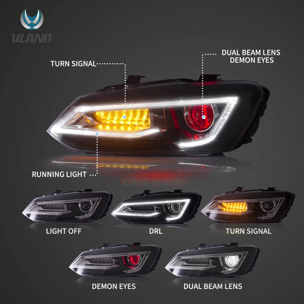 Faros delanteros VLAND 09-17 VW Polo MK5 proyector Bi-LED con Demon Eyes negros — LED E-Mark | imagen 4