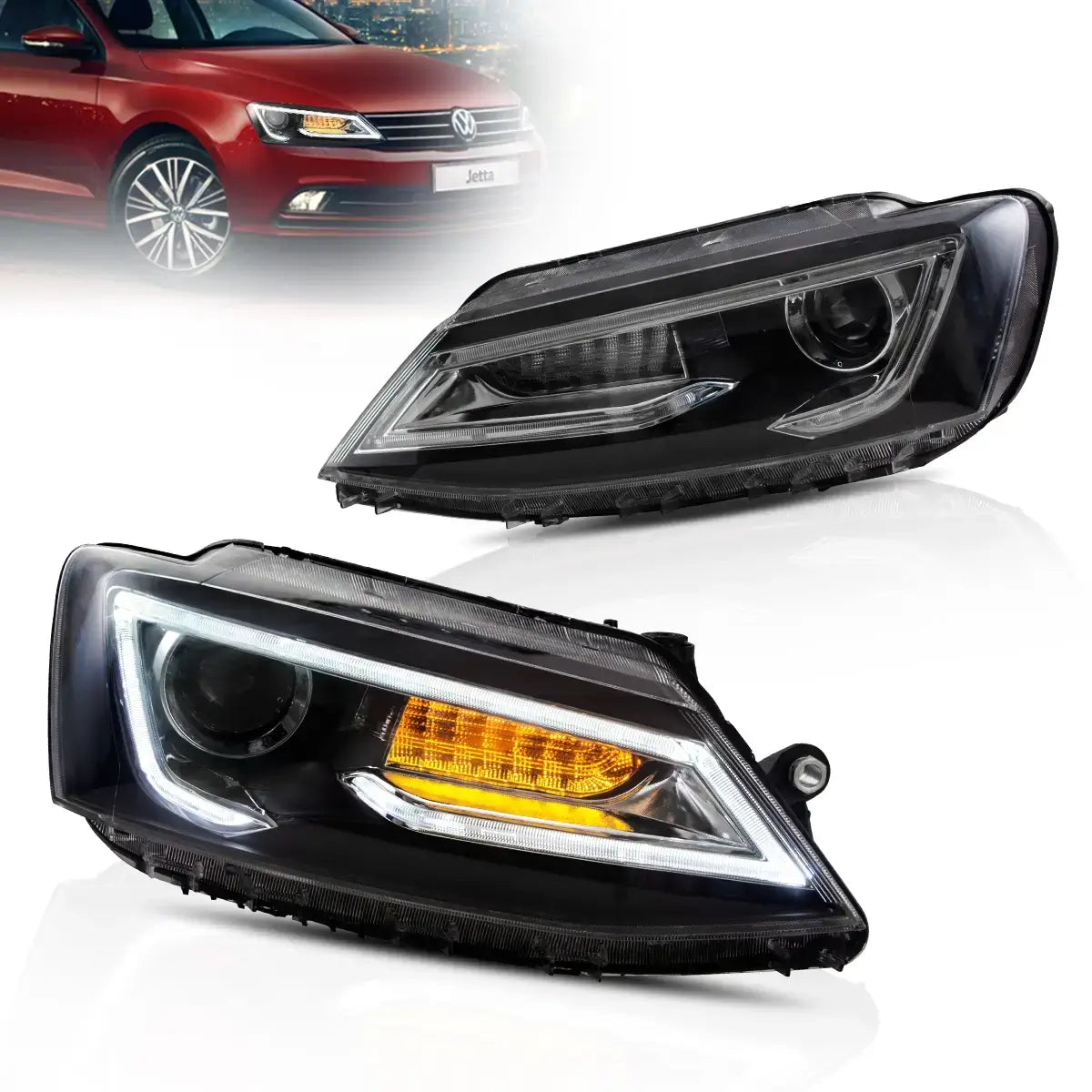 Faros delanteros VLAND 10-18 VW Jetta MK6 proyector Bi-LED negros With Red Demon Eyes — LED E-Mark | imagen 3