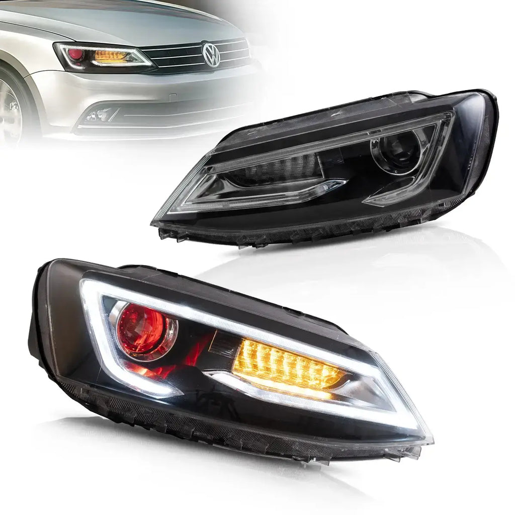Faros delanteros VLAND 10-18 VW Jetta MK6 proyector Bi-LED negros With Red Demon Eyes — LED E-Mark | imagen 1