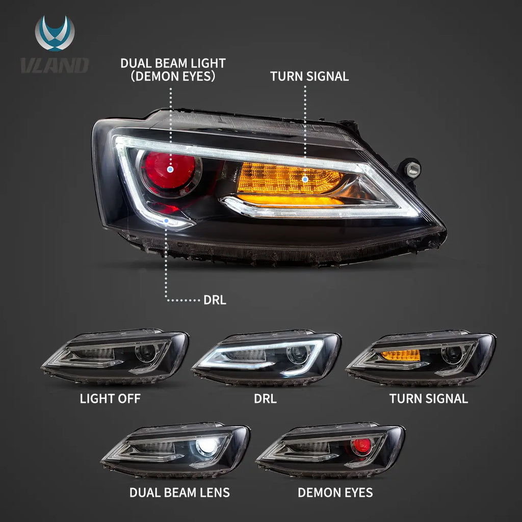 Faros delanteros VLAND 10-18 VW Jetta MK6 proyector Bi-LED negros With Red Demon Eyes — LED E-Mark | imagen 4