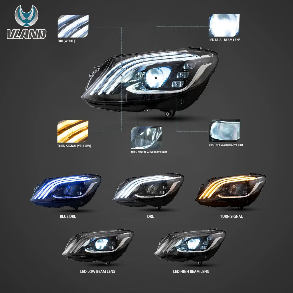 Faros delanteros VLAND 15-21 Mercedes-Benz C-Class W205 LED Matrix negros — LED E-Mark | imagen 2