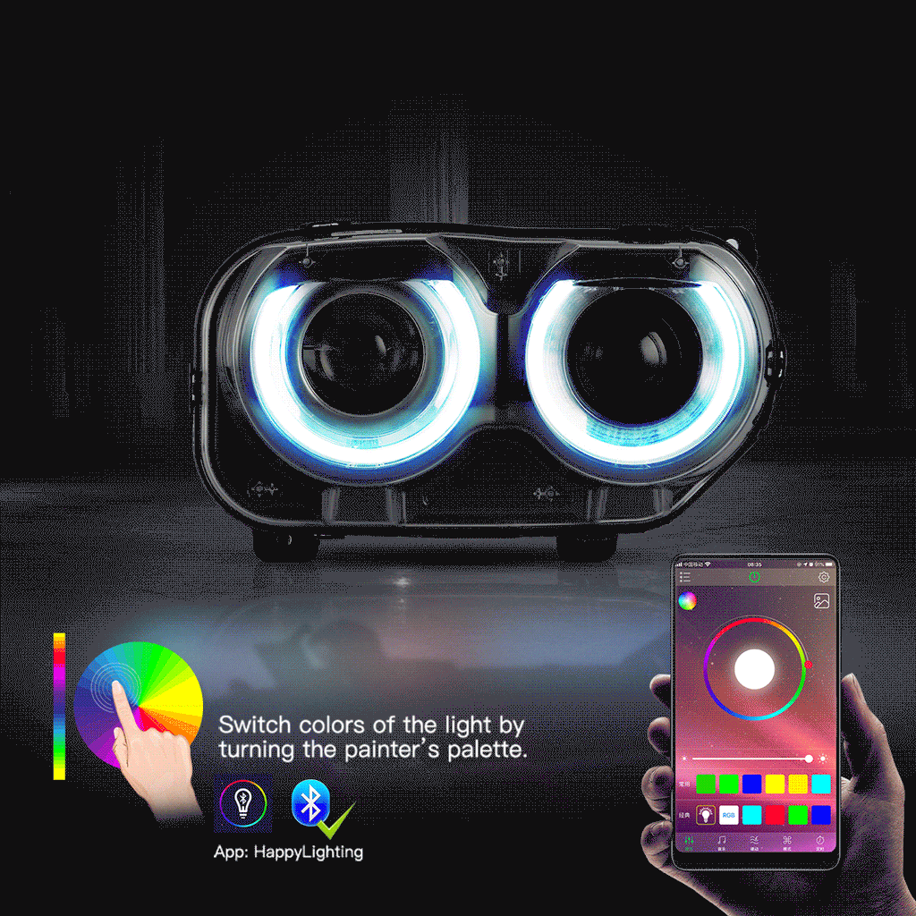 Faros delanteros VLAND 15-24 Dodge Challenger RGB proyector Bi-LED negros — LED E-Mark | imagen 2