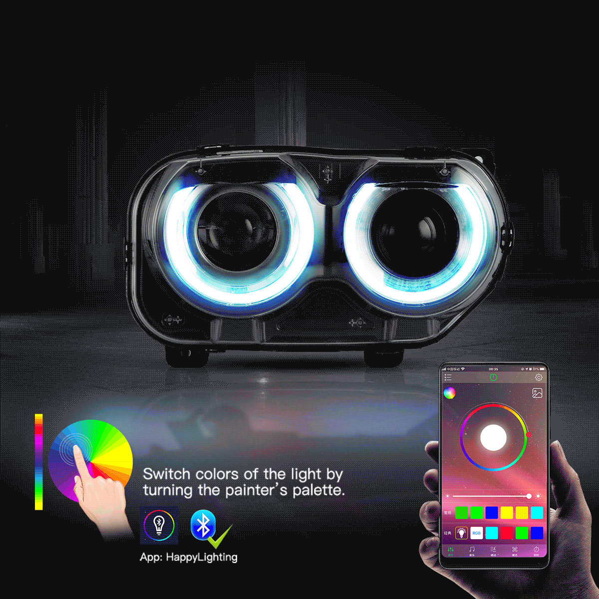 Faros delanteros VLAND 15-24 Dodge Challenger RGB proyector Bi-LED negros — LED E-Mark | imagen 2