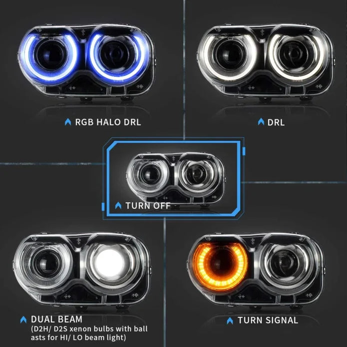 Faros delanteros VLAND 15-24 Dodge Challenger RGB proyector Bi-LED negros — LED E-Mark | imagen 3