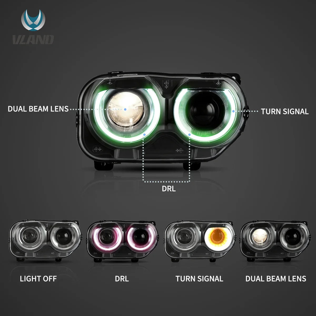 Faros delanteros VLAND 15-24 Dodge Challenger RGB proyector Bi-LED negros — LED E-Mark | imagen 4