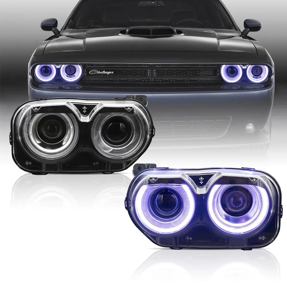 Faros delanteros VLAND 15-24 Dodge Challenger RGB proyector Bi-LED negros — LED E-Mark | imagen 1