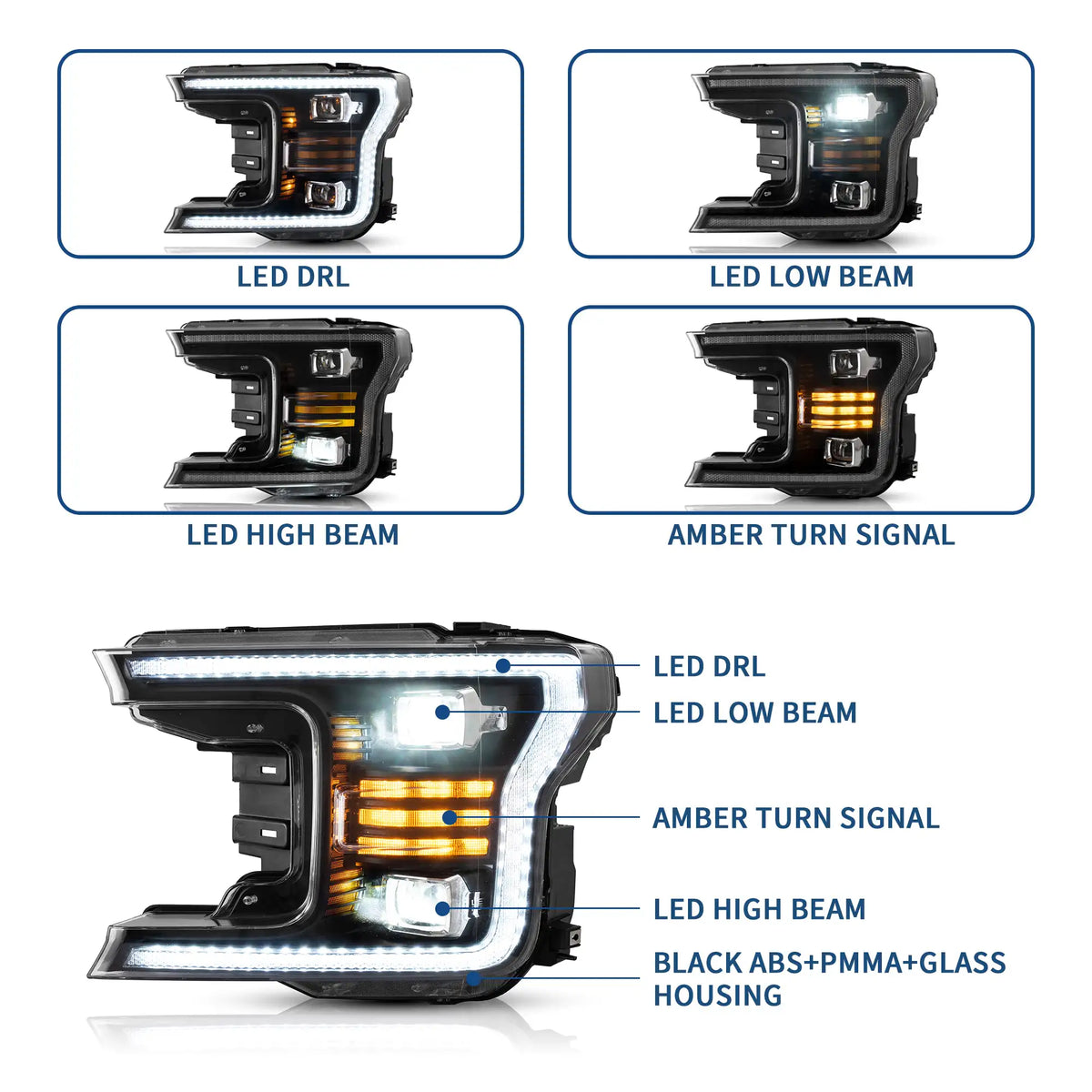 Faros delanteros VLAND 18-20 Ford F150 13th Gen Facelifted (Ⅱ) LED proyector Bi-LED negros — LED E-Mark | imagen 2