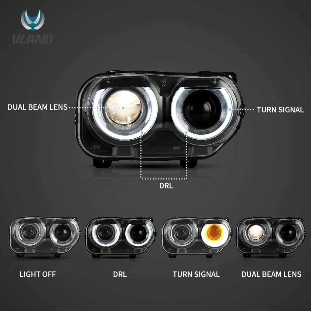 Faros delanteros VLAND 15-24 Dodge Challenger 3th Gen Facelifted proyector Bi-LED negros — LED E-Mark | imagen 3