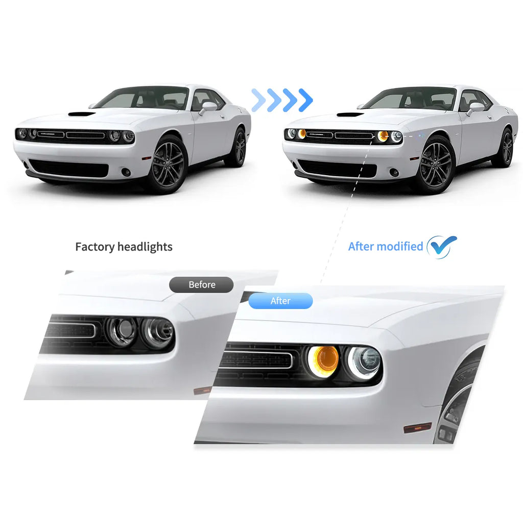 Faros delanteros VLAND 15-24 Dodge Challenger 3th Gen Facelifted proyector Bi-LED negros — LED E-Mark | imagen 4