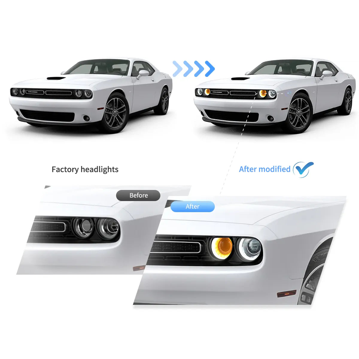 Faros delanteros VLAND 15-24 Dodge Challenger 3th Gen Facelifted proyector Bi-LED negros — LED E-Mark | imagen 4