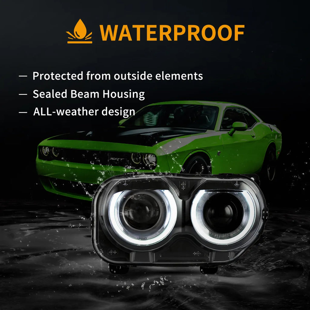 Faros delanteros VLAND 15-24 Dodge Challenger 3th Gen Facelifted proyector Bi-LED negros — LED E-Mark | imagen 7
