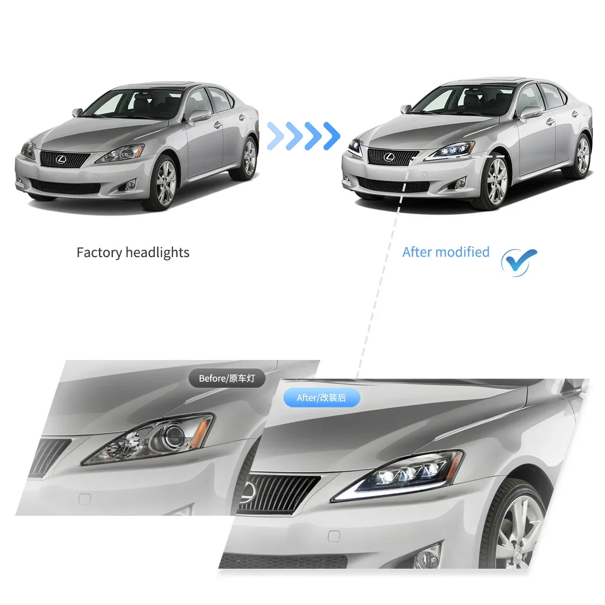 Faros delanteros VLAND 06-12 Lexus IS250/IS250C/IS350/IS220d & 08-14 ISF(XE20) proyector Matrix LED — LED E-Mark | imagen 7